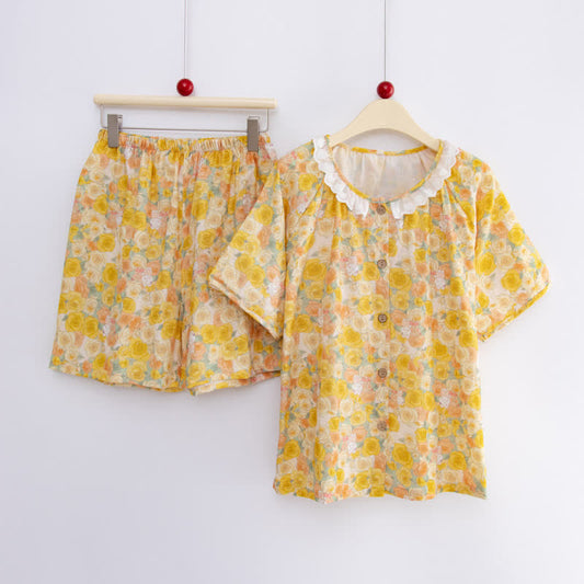 Ensemble pyjama en coton style cottagecore à motifs floraux et lapins - Jaune - Haut et short - XL - image 0