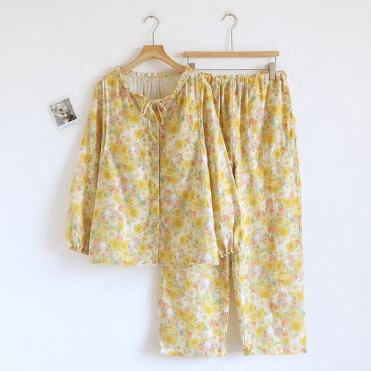 Pyjama cottagecore à motifs floraux et lapins, confectionné en fibre de bambou. - Jaune - XL - image 0