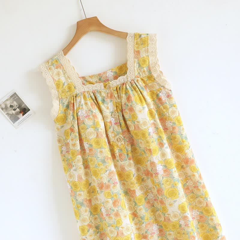 Chemise de nuit en coton ornée de dentelle florale jaune - image 1