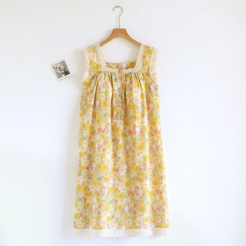 Chemise de nuit en coton ornée de dentelle florale jaune - Jaune - XL - image 0
