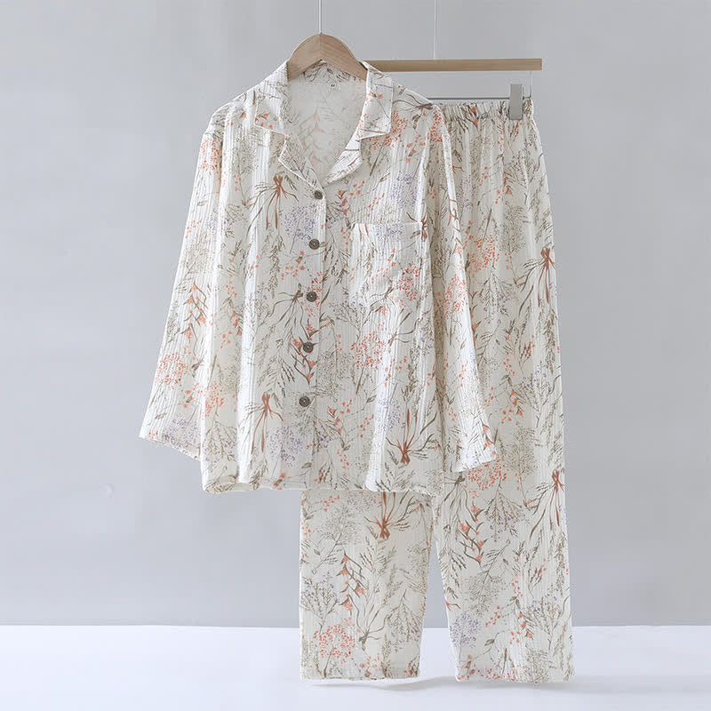 Ensemble pyjama en gaze de coton à motif floral discret - image 2