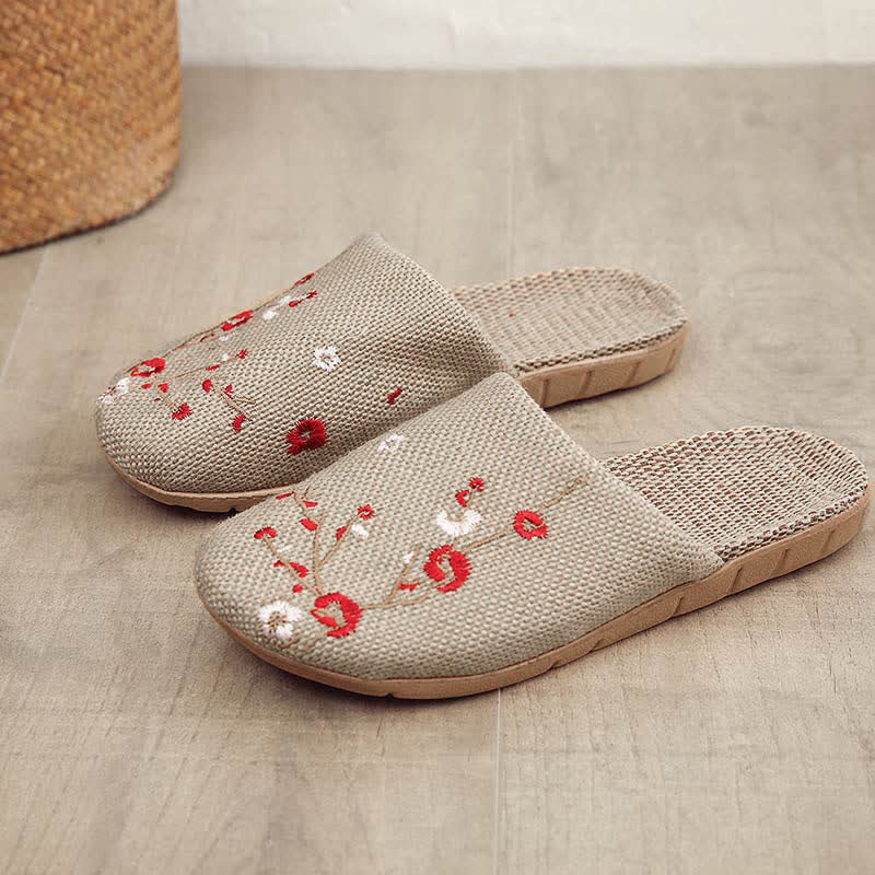 Chaussons confortables en lin brodés Plum Bossom - Pomme de prune rouge - L - image 4