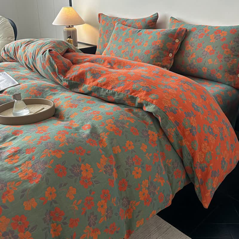 Linge de lit en gaze de pur coton à motif floral champêtre (ensemble 4 pièces) - image 1