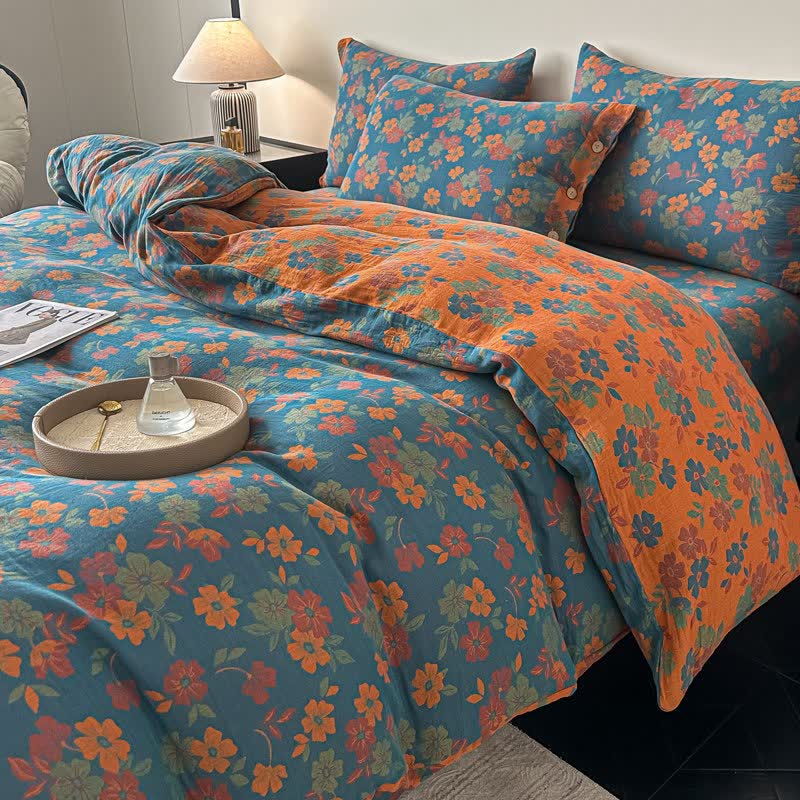 Linge de lit en gaze de pur coton à motif floral champêtre (ensemble 4 pièces) - image 3