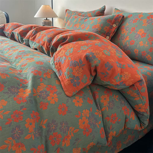 Linge de lit en gaze de pur coton à motif floral champêtre (ensemble 4 pièces) - Vert - 220 cm x 240 cm - image 0