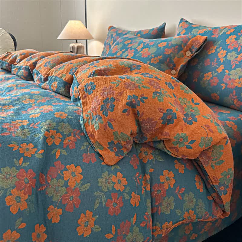 Linge de lit en gaze de pur coton à motif floral champêtre (ensemble 4 pièces) - Bleu - 220 cm x 240 cm - image 2