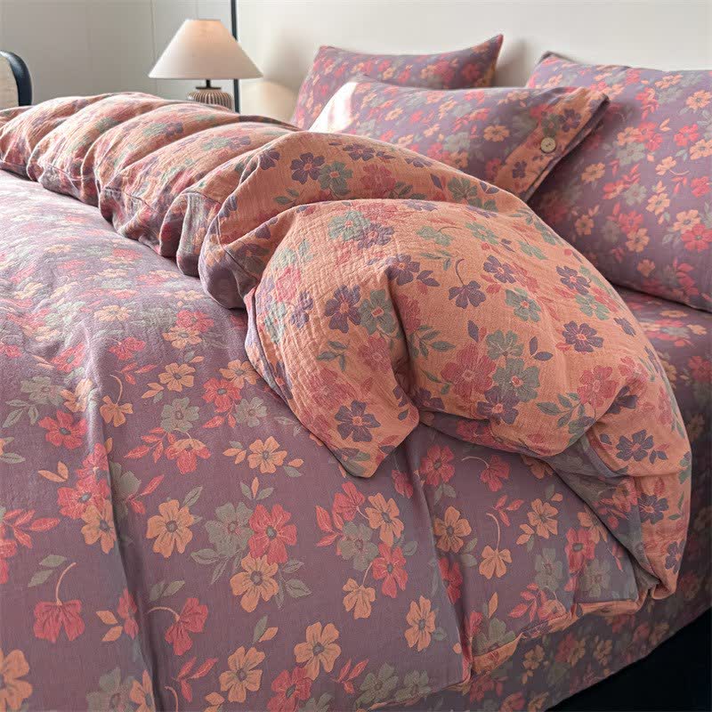 Linge de lit en gaze de pur coton à motif floral champêtre (ensemble 4 pièces) - Violet - 220 cm x 240 cm - image 4