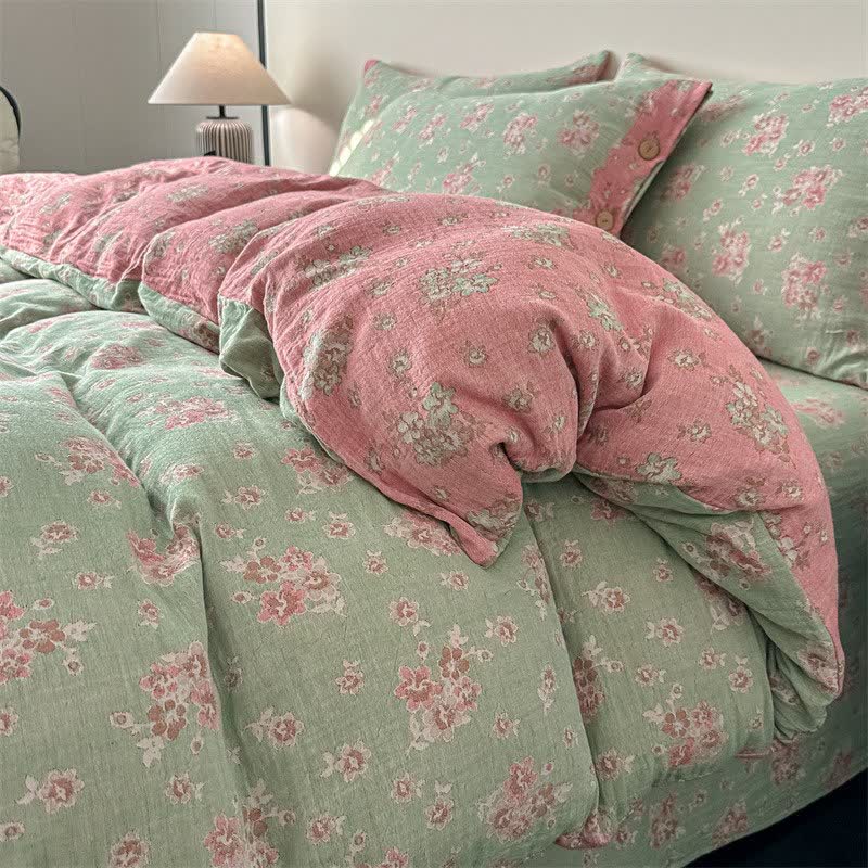 Linge de lit vintage en gaze de pur coton à motif floral (ensemble de 4 pièces) - 220 cm x 240 cm - image 0
