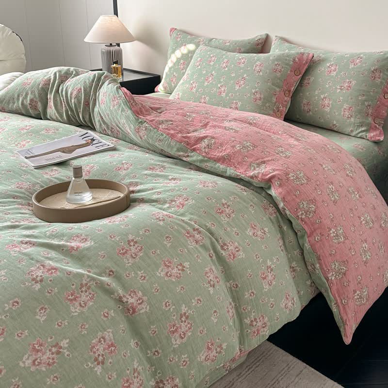 Linge de lit vintage en gaze de pur coton à motif floral (ensemble de 4 pièces) - image 1