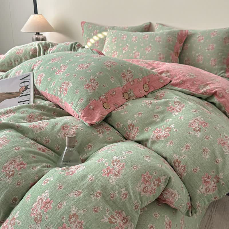 Linge de lit vintage en gaze de pur coton à motif floral (ensemble de 4 pièces) - image 3