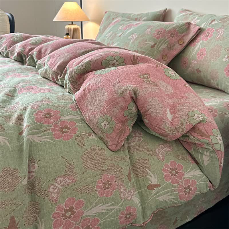 Linge de lit en gaze de pur coton à motifs floraux et papillons (ensemble 4 pièces) - Vert - 220 cm x 240 cm - image 0