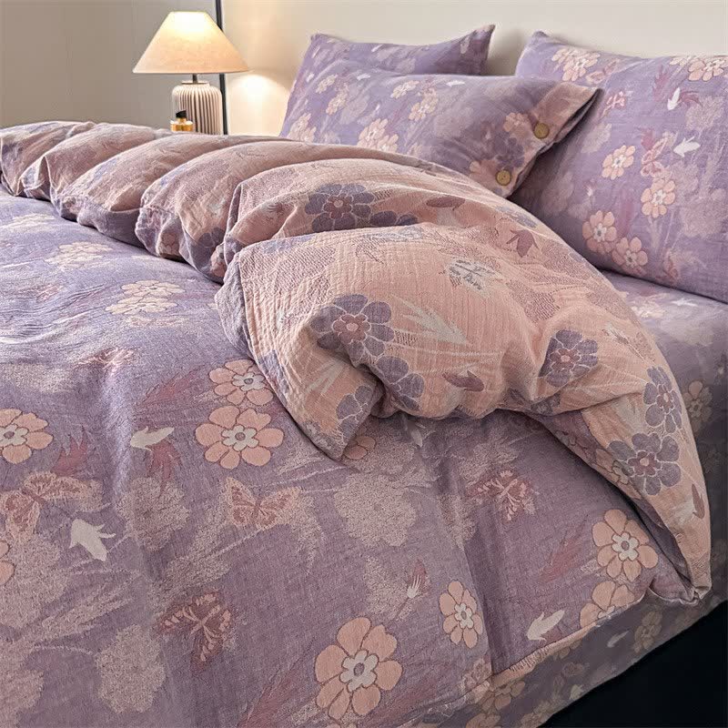 Linge de lit en gaze de pur coton à motifs floraux et papillons (ensemble 4 pièces) - Violet - 220 cm x 240 cm - image 2