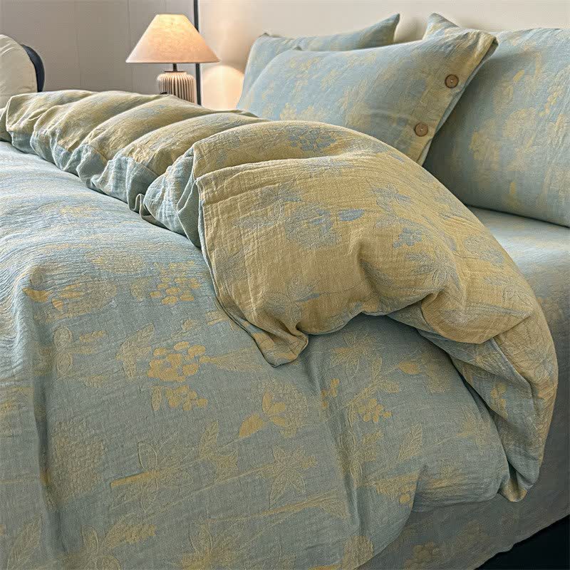 Linge de lit vintage en gaze de pur coton à motifs botaniques (ensemble de 4 pièces) - 220 cm x 240 cm - image 0