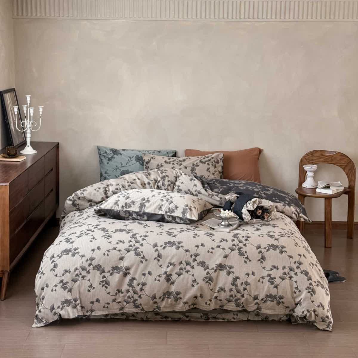 Ensemble de literie vintage à motif de feuilles de ginkgo en pur coton (4 pièces) - Gris - 220 cm x 240 cm - image 5