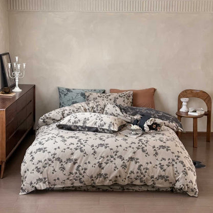 Ensemble de literie vintage à motif de feuilles de ginkgo en pur coton (4 pièces) - Gris - 220 cm x 240 cm - image 5