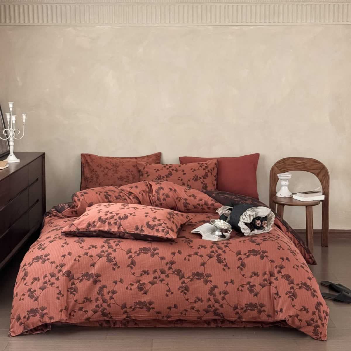 Ensemble de literie vintage à motif de feuilles de ginkgo en pur coton (4 pièces) - Orange - 220 cm x 240 cm - image 10