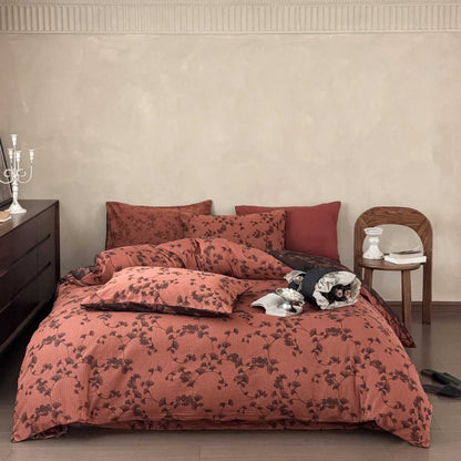 Ensemble de literie vintage à motif de feuilles de ginkgo en pur coton (4 pièces) - Orange - 220 cm x 240 cm - image 10
