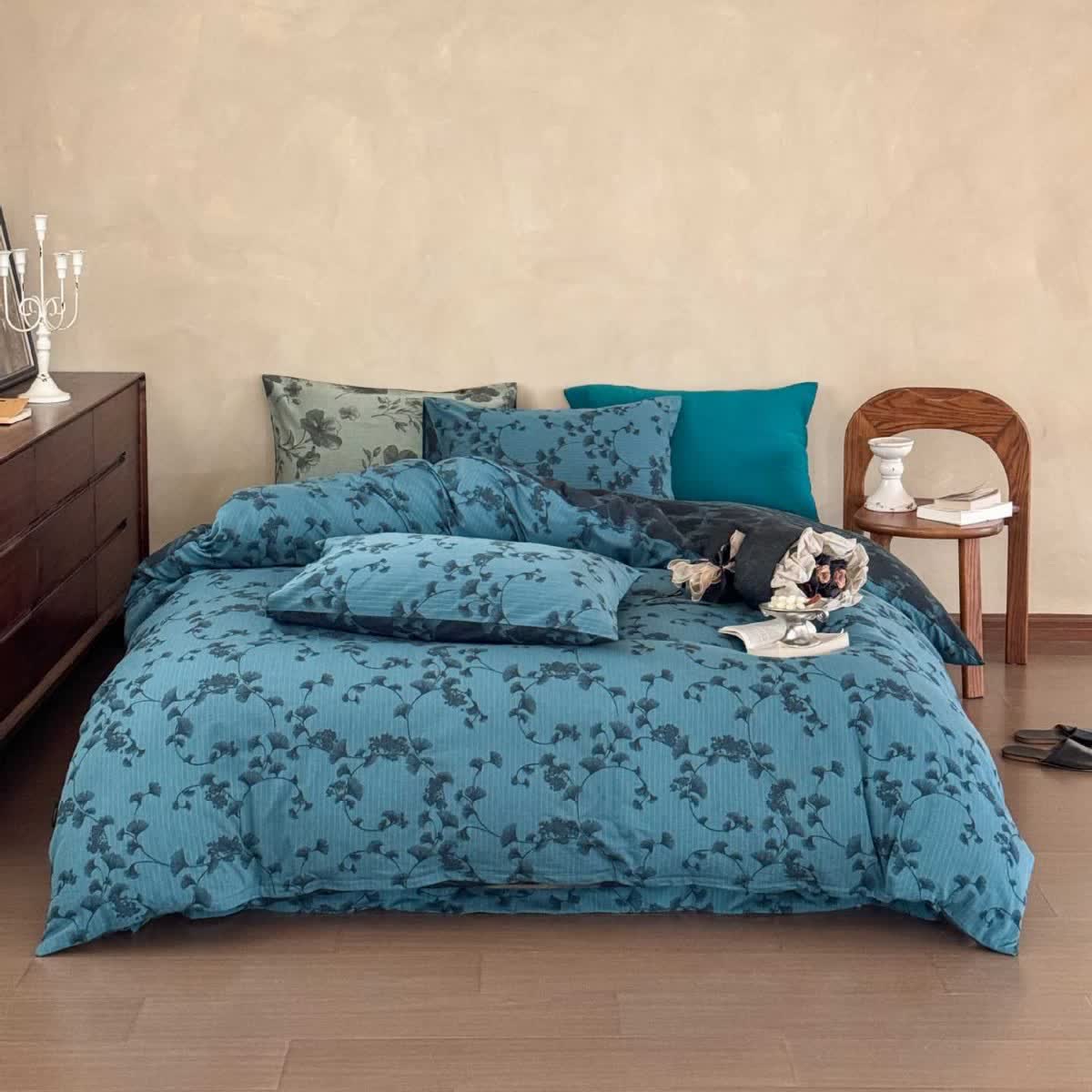 Ensemble de literie vintage à motif de feuilles de ginkgo en pur coton (4 pièces) - Bleu - 220 cm x 240 cm - image 0