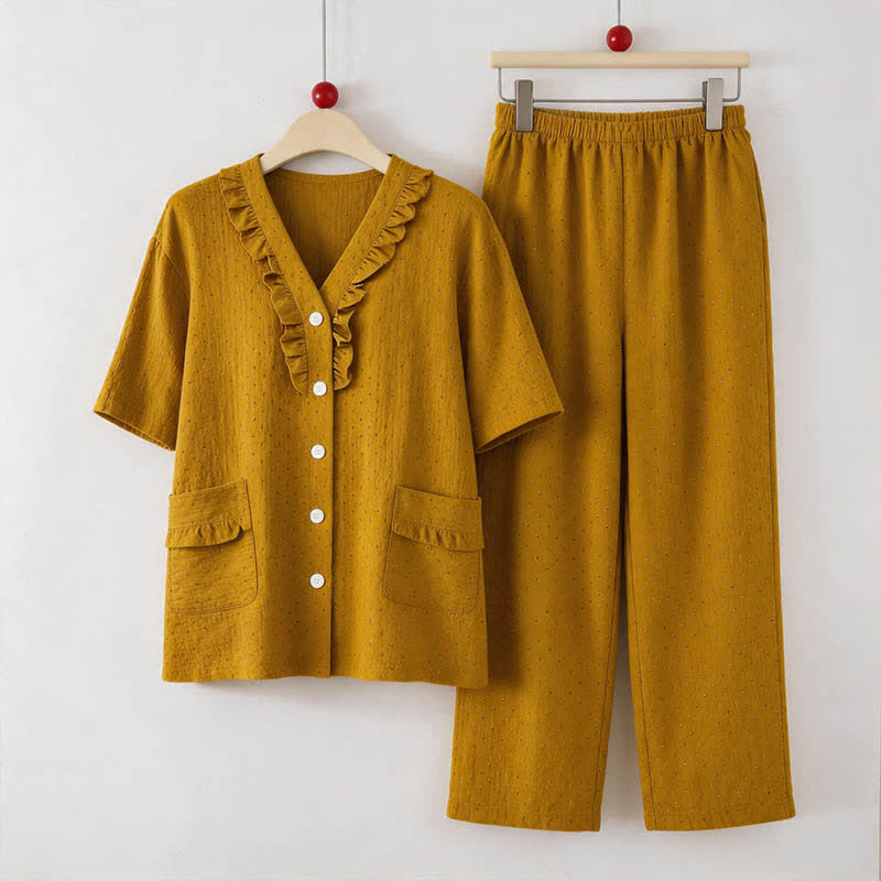 Ensemble de vêtements d'intérieur en coton couleur moutarde avec volants - Jaune - 5XL - image 0