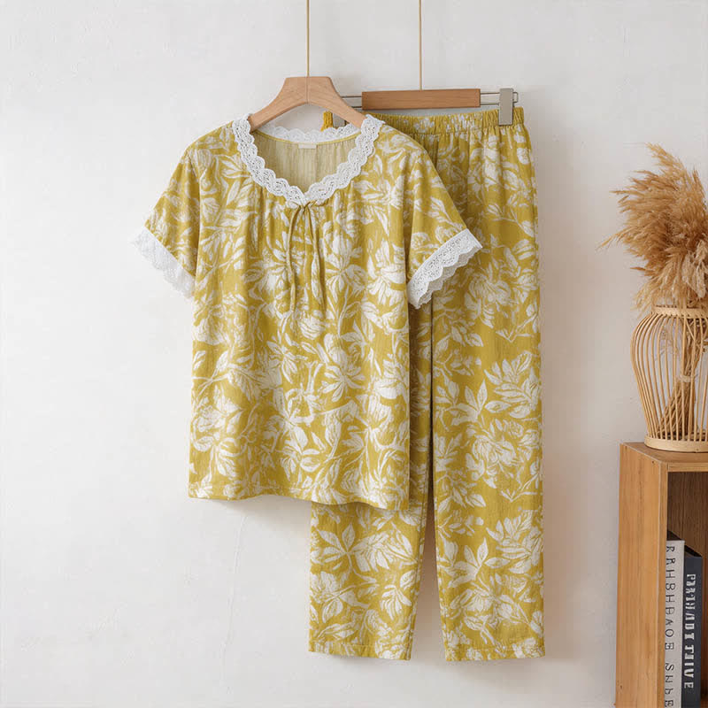 Ensemble de vêtements d'intérieur avec bordure en dentelle de coton à motif floral - Jaune - 3XL - image 0