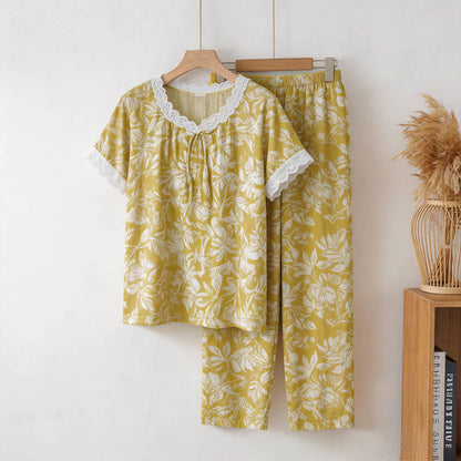 Ensemble de vêtements d'intérieur avec bordure en dentelle de coton à motif floral - Jaune - 3XL - image 0