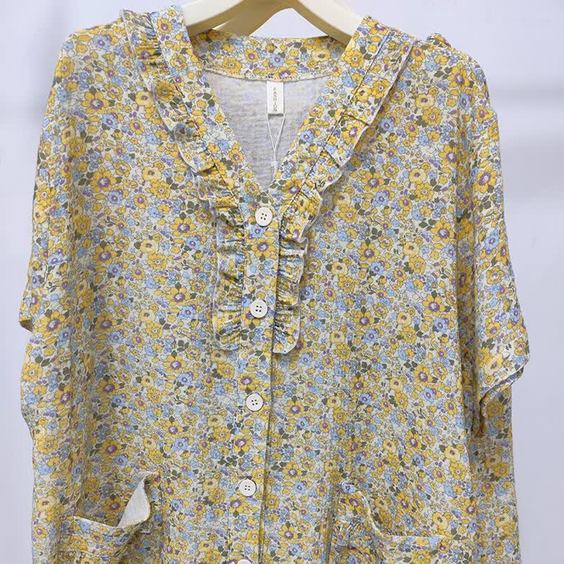 Ensemble de vêtements d'intérieur en coton jaune à motifs floraux et à volants - image 3