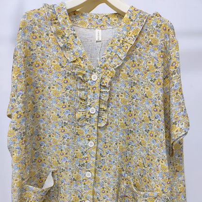 Ensemble de vêtements d'intérieur en coton jaune à motifs floraux et à volants - image 3
