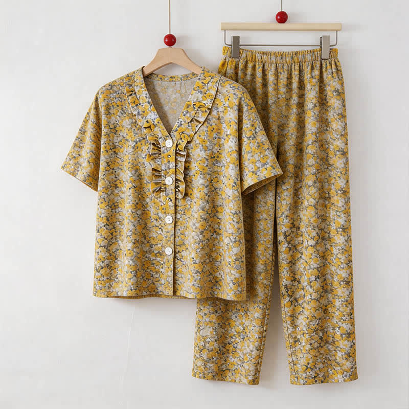 Ensemble de vêtements d'intérieur en coton jaune à motifs floraux et à volants - Jaune - 5XL - image 0