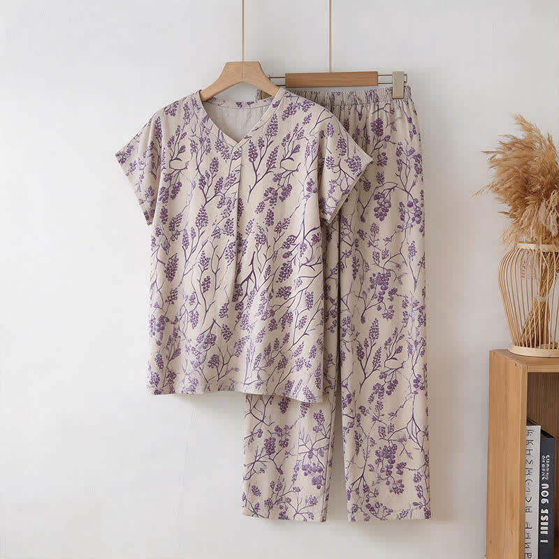 Ensemble de vêtements d'intérieur en coton à motif floral botanique - Beige - 3XL - image 0