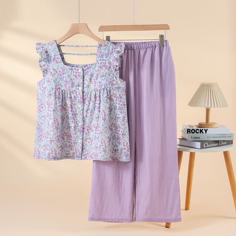 Ensemble de vêtements d'intérieur en gaze de coton à motifs floraux et à volants - Violet - XL - image 0