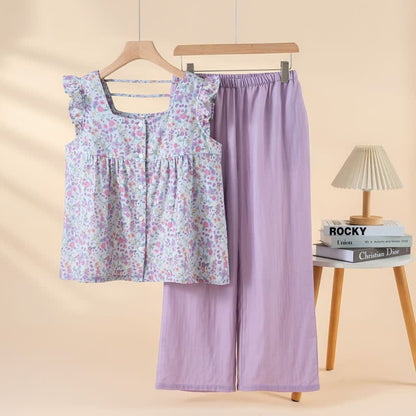 Ensemble de vêtements d'intérieur en gaze de coton à motifs floraux et à volants - Violet - XL - image 0