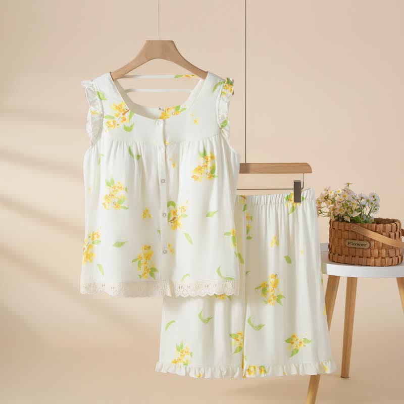 Ensemble de vêtements d'intérieur sans manches avec volants en osmanthus et dentelle - Blanc - XL - image 0