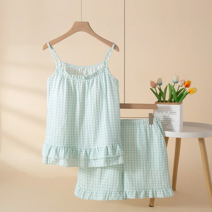 Ensemble de vêtements d'intérieur en coton doux à carreaux vichy et à volants - Vert - XL - image 7