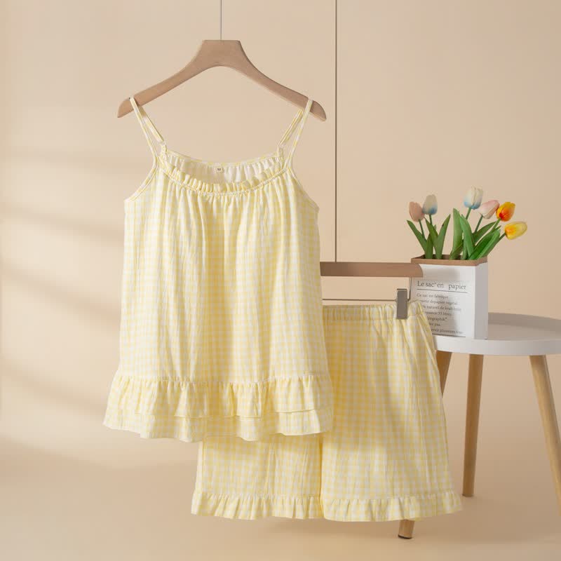 Ensemble de vêtements d'intérieur en coton doux à carreaux vichy et à volants - Jaune - XL - image 9