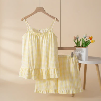 Ensemble de vêtements d'intérieur en coton doux à carreaux vichy et à volants - Jaune - XL - image 9