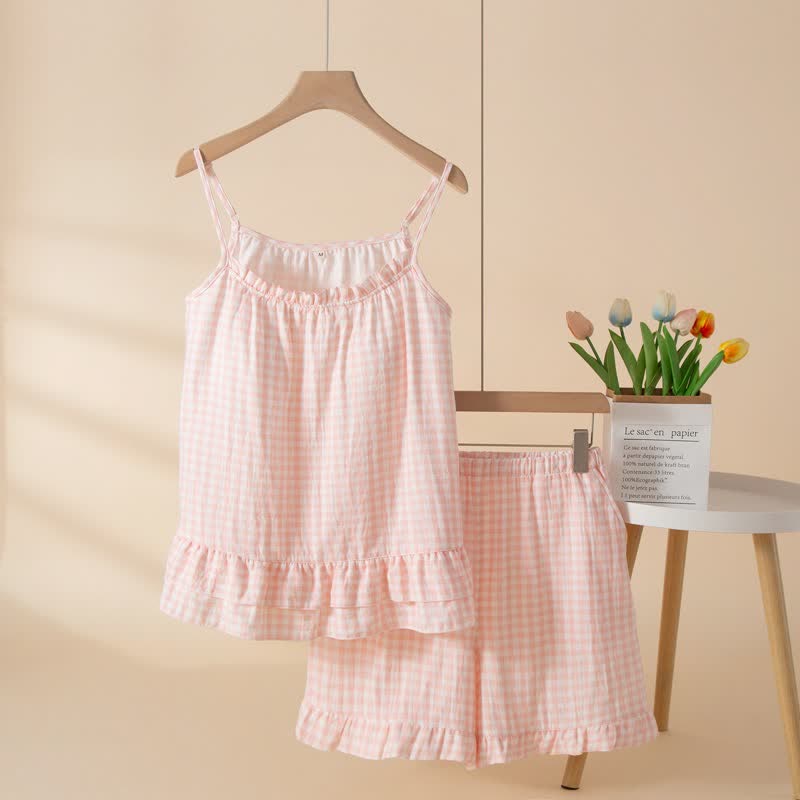 Ensemble de vêtements d'intérieur en coton doux à carreaux vichy et à volants - Rose - XL - image 0
