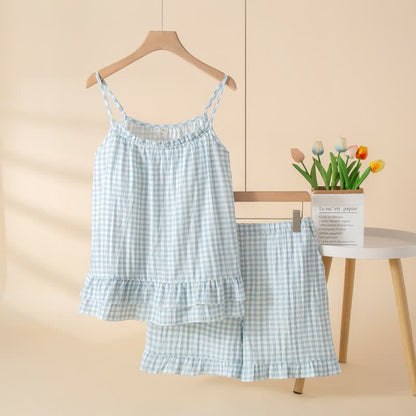 Ensemble de vêtements d'intérieur en coton doux à carreaux vichy et à volants - Bleu - XL - image 6