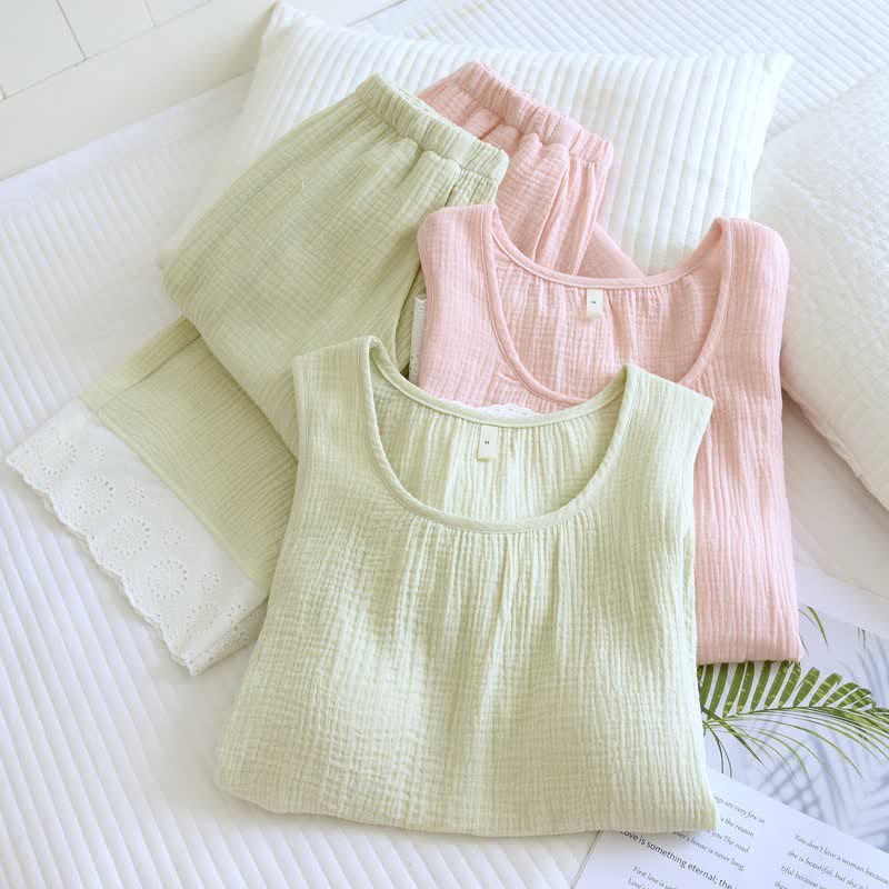 Ensemble de vêtements d'intérieur en gaze de coton unie et dentelle - Vert - XXL - image 1