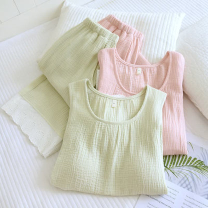 Ensemble de vêtements d'intérieur en gaze de coton unie et dentelle - Vert - XXL - image 1