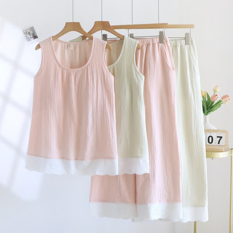 Ensemble de vêtements d'intérieur en gaze de coton unie et dentelle - Rose - XXL - image 0