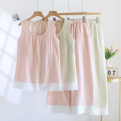 Ensemble de vêtements d'intérieur en gaze de coton unie et dentelle - Rose - XXL - image 0