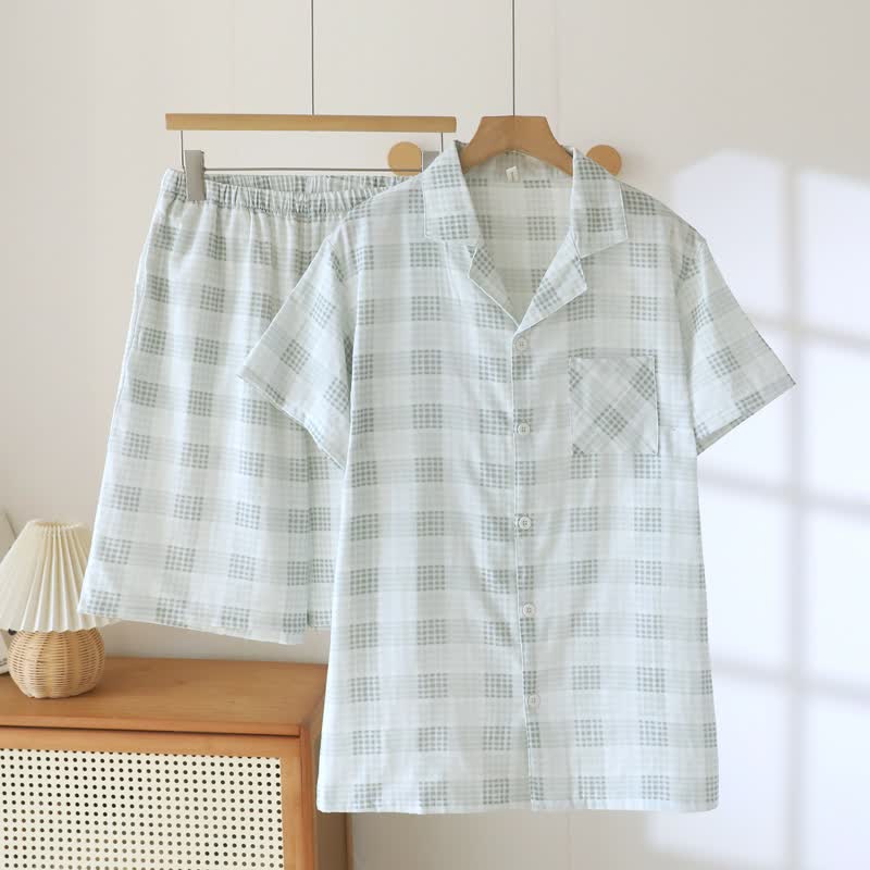 Ensemble pyjama à manches courtes en coton à carreaux - Vert clair - XXL - image 13