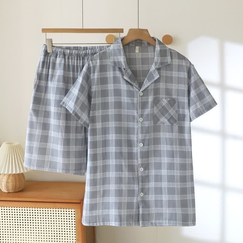 Ensemble pyjama à manches courtes en coton à carreaux - Gris - XXL - image 14