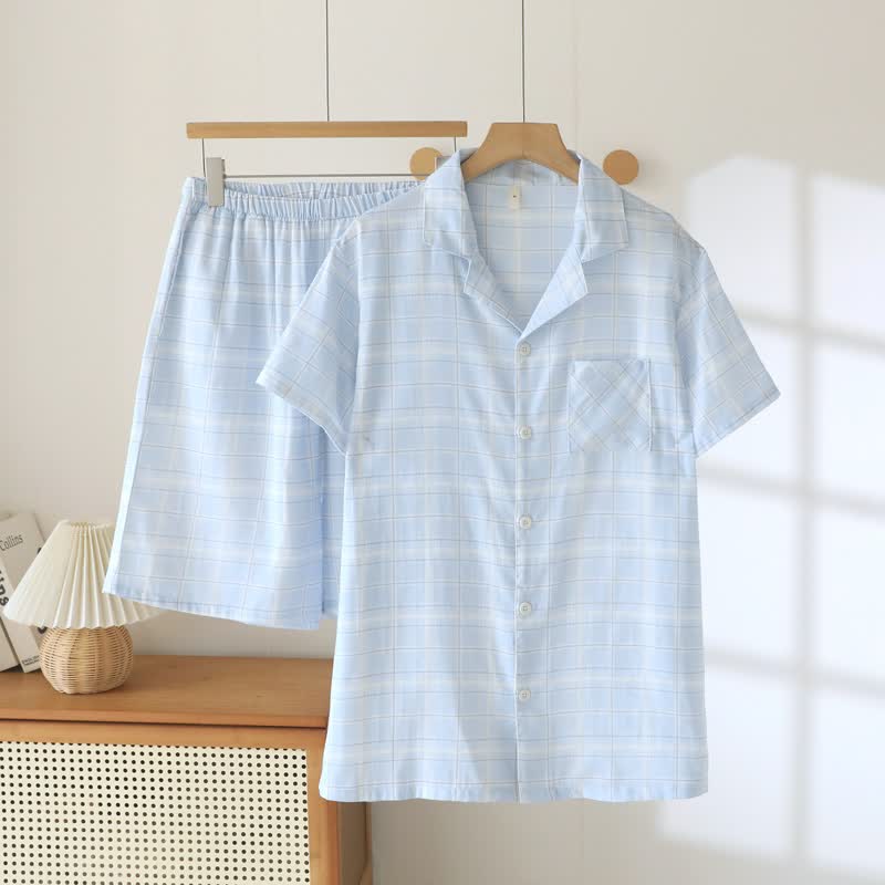 Ensemble pyjama à manches courtes en coton à carreaux - Bleu et blanc - XXL - image 2