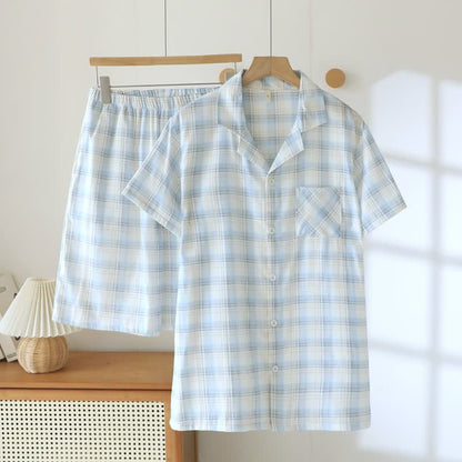 Ensemble pyjama à manches courtes en coton à carreaux - Bleu et gris - XXL - image 15