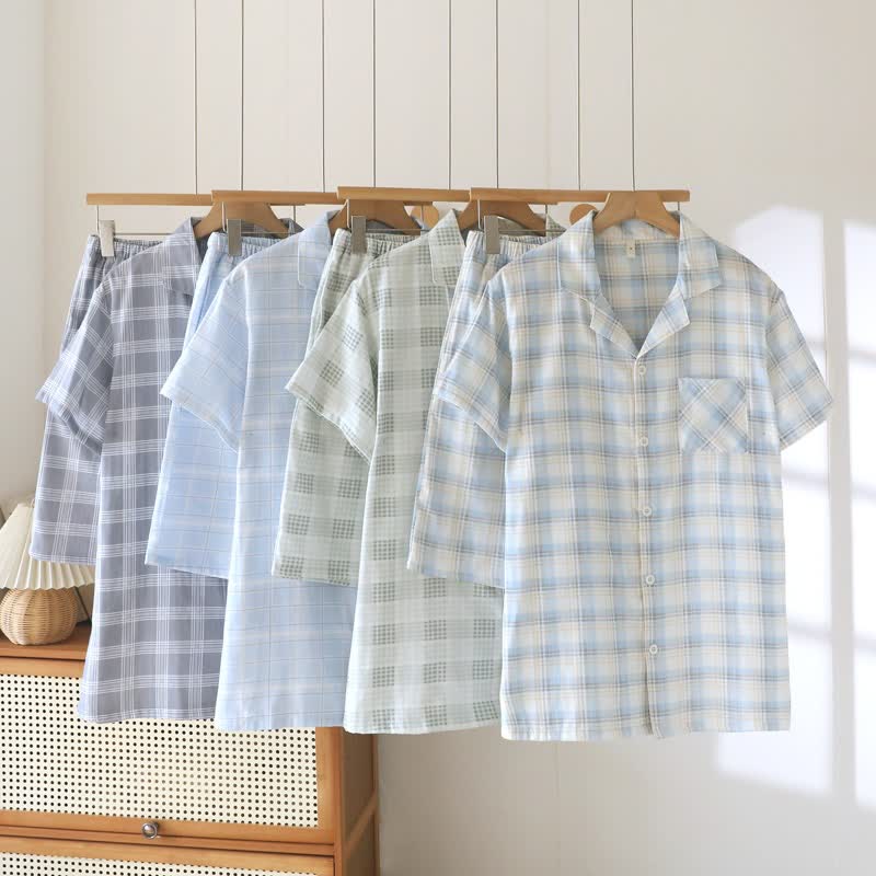 Ensemble pyjama à manches courtes en coton à carreaux - image 1