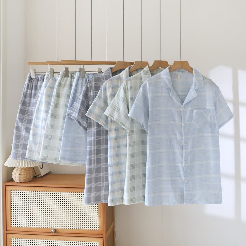 Ensemble pyjama à manches courtes en coton à carreaux - image 0