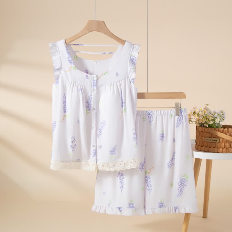 Ensemble pyjama en coton violet à volants et à motifs floraux - Violet - XL - image 0