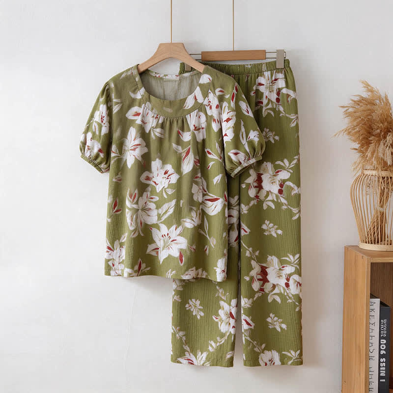 Ensemble de vêtements d'intérieur en coton à motif floral vert olive - Vert olive - 3XL - image 0