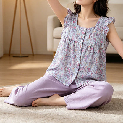 Ensemble de vêtements d'intérieur en gaze de coton à motifs floraux et à volants - image 4